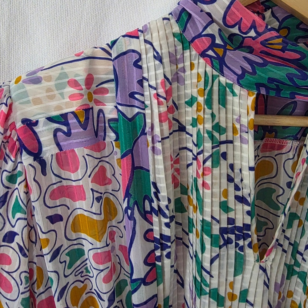 Vintage 80's Mosaic Floral Mixed Print Pleated Sheer Midi Dress Small Vivid Fun - Picture 9 of 14